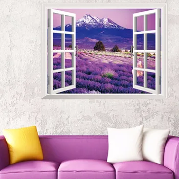 3D Violet Provence Lavender Floare Mare Fereastră Decor Autocolant Perete Romantic Decal Peisaj în aer liber Decor Perete Living Arta