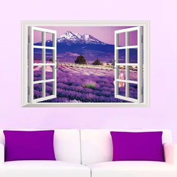 3D Violet Provence Lavender Floare Mare Fereastră Decor Autocolant Perete Romantic Decal Peisaj în aer liber Decor Perete Living Arta