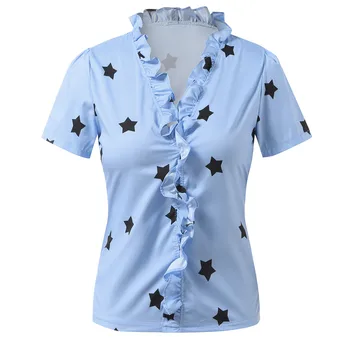 Femei Bluza de Vara pentru Femei V-Neck Ruffle Stele Imprimate Maneca Scurta Tricou Doamnelor Camasi Topuri Casual Plus Dimensiunea Femei Blusas