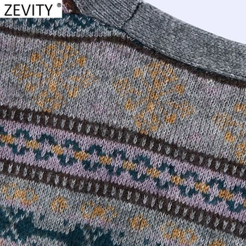 Zevity 2021 Femei Vintage Patchwork Print Croșetat Cardigan Pulover Doamnelor Retro Chic Buzunare Tricotat Casual Topuri Largi CT672