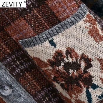 Zevity 2021 Femei Vintage Patchwork Print Croșetat Cardigan Pulover Doamnelor Retro Chic Buzunare Tricotat Casual Topuri Largi CT672