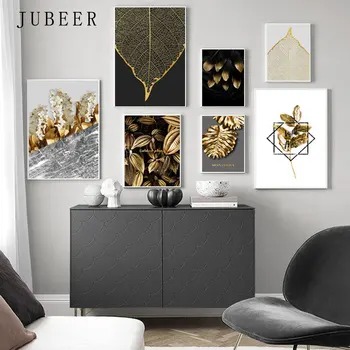 Abstracte Tablouri Canvas Frunze de Aur Arta de Perete Alb și Negru Poster pentru Camera de zi Decor Picturi Decorative pe Perete