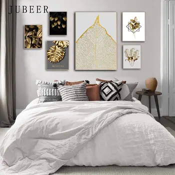 Abstracte Tablouri Canvas Frunze de Aur Arta de Perete Alb și Negru Poster pentru Camera de zi Decor Picturi Decorative pe Perete