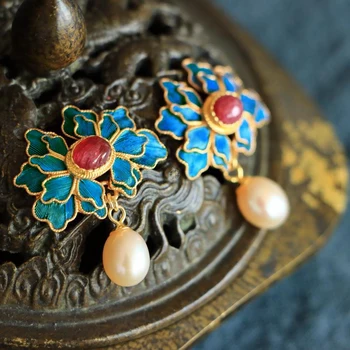 Original designer craft Cloisonne aurit mătase Rubin Cercei cu Perle Chineză stil retro palace farmec unic pentru femei bijuterii de argint