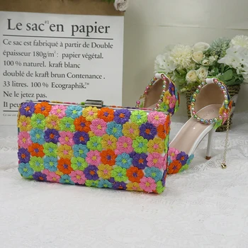 Moda Flori multicolore Pantofi de Nunta Cu Saci de Potrivire Tocuri Ascuțite Toe Glezna Curea Doamnelor Petrecere de pantofi și sac set