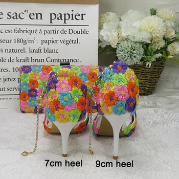 Moda Flori multicolore Pantofi de Nunta Cu Saci de Potrivire Tocuri Ascuțite Toe Glezna Curea Doamnelor Petrecere de pantofi și sac set