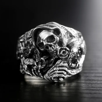 925 Sterling Silver Skull Inele Pentru Barbati Cu Cruce De Flori Urlă Vultur Vintage Punk Rock Argint Thai Gotic Dominator Inel