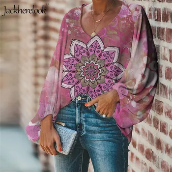 Jackherelook Mandala Boho Print Floral de Vară Șifon Bluza Femei Top Sexy V-Neck Shirt Design de Flori Blusas Mujer de Moda 2020