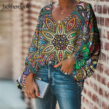 Jackherelook Mandala Boho Print Floral de Vară Șifon Bluza Femei Top Sexy V-Neck Shirt Design de Flori Blusas Mujer de Moda 2020