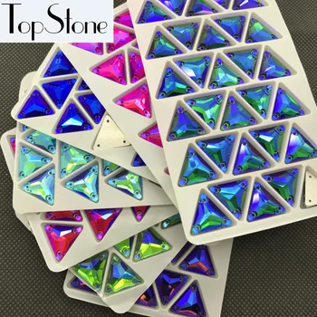TopStone Culori AB Triunghi Coase Pe Sticlă Cristal Cristale Flatback cu gauri de 12mm 16mm Cusut Bijuterii