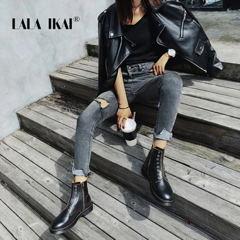 LALA IKAI Cizme Femei de Iarna din piele PU Cald Pantofi Casual cu Fermoar Platforma Glezna Cizme de sex Feminin Negru zapatillas mujer XWA8435-4