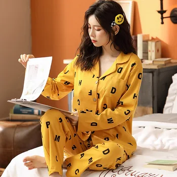 Scrisoare de Crăciun Pijamale 2020 Femei Pijama din Bumbac cu Maneca Lunga Uzura Acasă V-gât Subțire coreean Primavara Toamna Galben Pijama Set