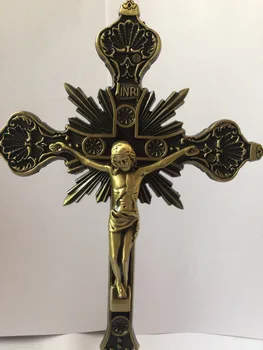 Vechi Decorate Manopera Miao Argint Sculptură Isus Pe Cruce Exorciza Mare Statuie de metal artizanat metal artizanat