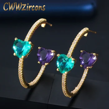 CWWZircons Dublu de Dragoste Drăguț Forma de Inima Violet Albastru CZ Cristal Rotund Hoop Cercei 2020 Trendy Boem Bijuterii pentru Femei CZ753