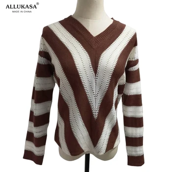 Dungi streetwear V-gât tricotate jumper pentru femei pulover pulover tricotate femei pulovere și pulovere 2020Women cu dungi pulover