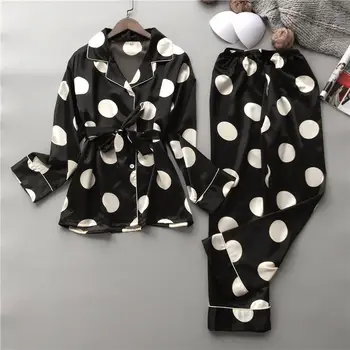 Pijamale de mătase Set Sexy Femei de Imprimare Punct de Vară de sex Feminin Pijamale Cămașă Lungă 2Piece/Set Cusatura Lenjerie 2019 Acasă Sleepwear