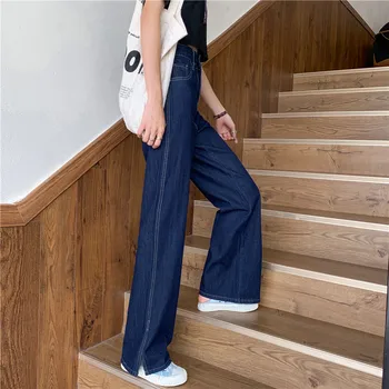 Blugi Femei Vrac fantă Laterală Hip Hop BF Albastru Streetwear Retro Chic la Modă Simplu Plin Lungime Pantaloni Largi Picior pentru Femei