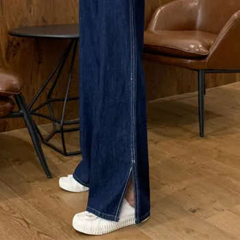 Blugi Femei Vrac fantă Laterală Hip Hop BF Albastru Streetwear Retro Chic la Modă Simplu Plin Lungime Pantaloni Largi Picior pentru Femei