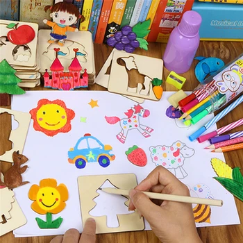 100buc Copii din Lemn Desen Șabloane Kit Placa de Desen Jucarii de Colorat Puzzle Arte Meserii Box Set Jucarii Educative pentru Copii