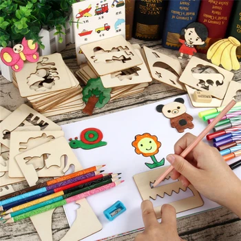 100buc Copii din Lemn Desen Șabloane Kit Placa de Desen Jucarii de Colorat Puzzle Arte Meserii Box Set Jucarii Educative pentru Copii