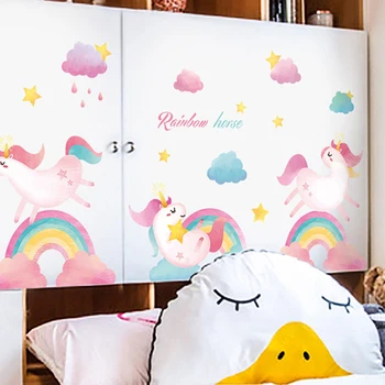 Rainbow unicorn autocolante de perete pentru fete cameră de decorare perete decalcomanii pentru decor acasă pvc autocolant perete amovibil
