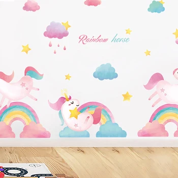 Rainbow unicorn autocolante de perete pentru fete cameră de decorare perete decalcomanii pentru decor acasă pvc autocolant perete amovibil