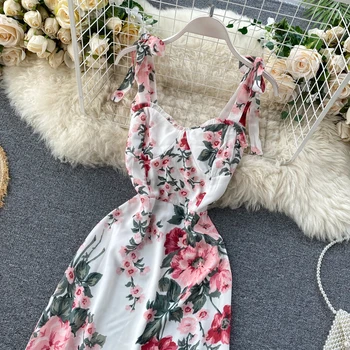 Sifon Rochie de Imprimare Florale de Vară 2020 Noua Moda pentru Femei V-gât Ștreangul Curea Talie Înaltă, Subțire fără Mâneci Vestidos L941