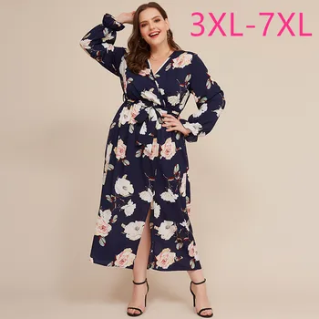 Nouă primăvară de toamnă plus dimensiunea rochie lunga pentru femei de mari în vrac maneca lunga albastru de imprimare florale rochie de flori centura 3XL 4XL 5XL 6XL 7XL