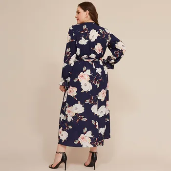Nouă primăvară de toamnă plus dimensiunea rochie lunga pentru femei de mari în vrac maneca lunga albastru de imprimare florale rochie de flori centura 3XL 4XL 5XL 6XL 7XL