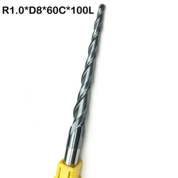 R1.0*D8*60*100*2F Lung Instrument Tăietor Mingea cu Capul Conic End Mill Pic CNC Conica HR Acasă Instrument de Consumabile
