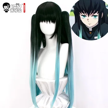 HSIU Tokitou Muichirou Peruca Cosplay Anime Peruca Demon Slayer: Kimetsu nu Yaiba Negru gradient albastru Fibre lungi Syntheitc peruca
