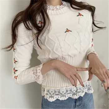 În 2020, Noi Femeile Modelului Pulover Stil Coreean Brodate Mozaic Alb Dantela Scurte Strânse Pe Sfarsite Tricotate Casual, Pulovere Top