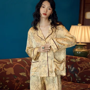Maison Gabrielle 2021 Primavara-Vara Florale Imprimate Crep De Chine Set de Pijama Body Pentru Femei cu Maneca Lunga-2 buc Retro
