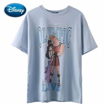 Disney Moda Chic HERCULES Scrisoare de DRAGOSTE de Imprimare de Desene animate Drăguț pentru Femei T-Shirt, O-Neck Pulover Maneca Scurta Albastru Bumbac Tee Topuri