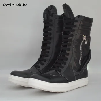 Owen Bolnav Femei Pantofi din Piele naturală de Înaltă TOP Glezna Lux Formatori de Iarnă Cizme Dantela-Up Casual de Brand, Zip de Apartamente Negru