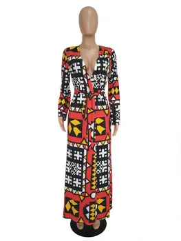 Femei Tipărite Maxi Coat Cardigane cu Centura de Talie Mâneci Lungi din Africa de Moda de sex Feminin Casual de Toamna Toamna Noul Trend la Femme Purta