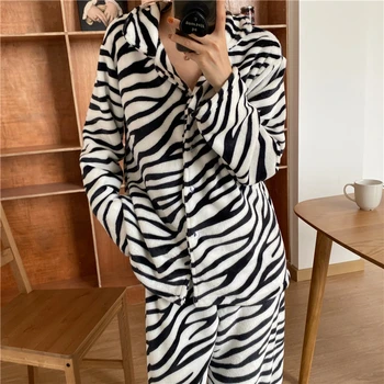 Iarna cald coral fleece set de pijama simplă pijamale 2 piese set maneca lunga zebra leopard flanel homewear Y225