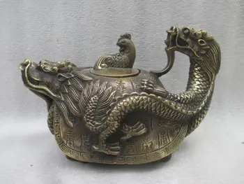 6 inc / China rare vechi de bronz sculptate de mână, broasca testoasa dragon ceainic
