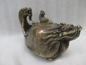 6 inc / China rare vechi de bronz sculptate de mână, broasca testoasa dragon ceainic