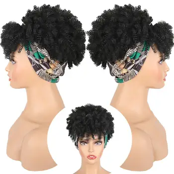 Cordon Afro Pervers Ondulat Peruca Sintetica Scurt Peruca Cu Breton Turban Wrap-peruca 2 in 1 Puf Afro Bentita Peruca pentru femei de culoare