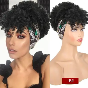 Cordon Afro Pervers Ondulat Peruca Sintetica Scurt Peruca Cu Breton Turban Wrap-peruca 2 in 1 Puf Afro Bentita Peruca pentru femei de culoare