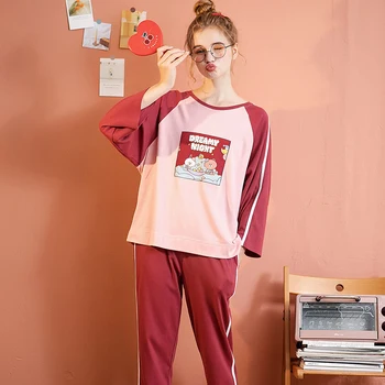 FENTENG Toamna Pijamale Pentru Femei de Cauzalitate Bumbac Imprimat Pijamale Oneck Pierde Casa pentru Femei Costum de Pijama Set I98132560