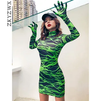 ZKYZWX Neon Lightning Imprimare Sexy Mănușă Femei Rochie de Toamna Haine Toamna Iarna Bodycon Rochii Mini cu Maneci Lungi Club Rochie Petrecere