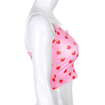 IAMHOTTY Roz fără Mâneci Crop Top Pentru Femei de Moda Drăguț Capsuni Imprimare de Epocă Doamnelor Harajuku Sexy Dulce Tinutele de Vara de Top