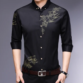 Nouă Primăvară Maneca Lunga Barbati Camasa Buton Rever Tricouri Casual Slim Fit Floare De Imprimare Camisa Masculina Streetwear E038