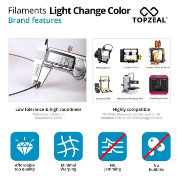 TOPZEAL PLA Lumină Schimba Culoarea Imprimantă 3D cu Filament, Precizie Dimensională +/- 0,05 mm, PLA 1KG Bobină, PLA 1,75 mm pentru Imprimanta 3D
