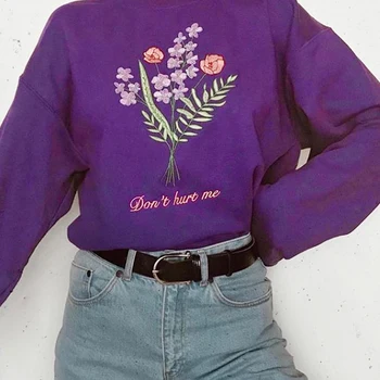 2021 Femei Hoodie Toamna Broderii Florale Imprimare Tricou Rotund Gat Doamnelor Moda Violet Maneca Lunga Pulover De Haine De Sex Feminin