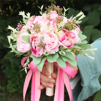YO CHO Buchet de Nunta de Mătase Artificială Bujor 18 Capete de Bujor Alb, Roz Handmade Flori de Nunta Buchet Mireasa Căsătorie Consumabile