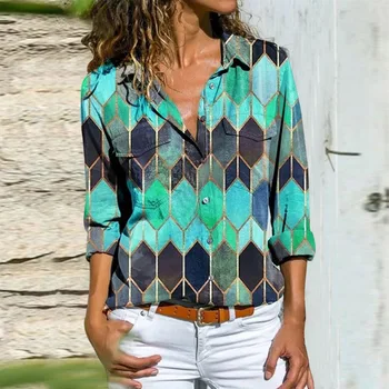 Moda Vintage Geometrice Camasa Bluza De Primavara Toamna Cu Maneci Lungi Femei Topuri Pulover Casual Cu Fermoar V-Neck Tricouri Largi Blusas