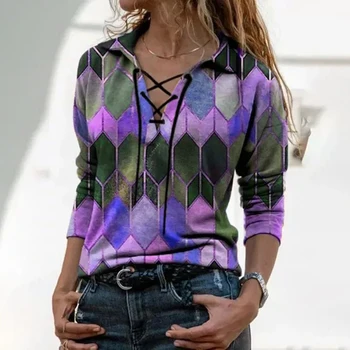 Moda Vintage Geometrice Camasa Bluza De Primavara Toamna Cu Maneci Lungi Femei Topuri Pulover Casual Cu Fermoar V-Neck Tricouri Largi Blusas